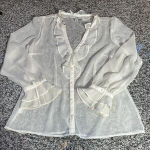 LOFT Ivory Sheer Ruffle-Trim Button Front Blouse Size Large